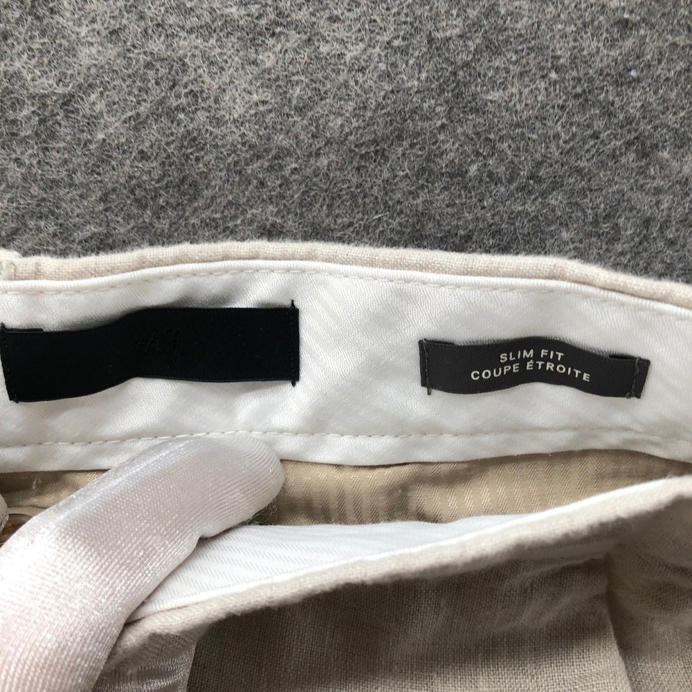 H&M Slim Fit Linen Trousers Mens 32R Beige Flat Front Casual Summer Beach Pants - Picture 8 of 9